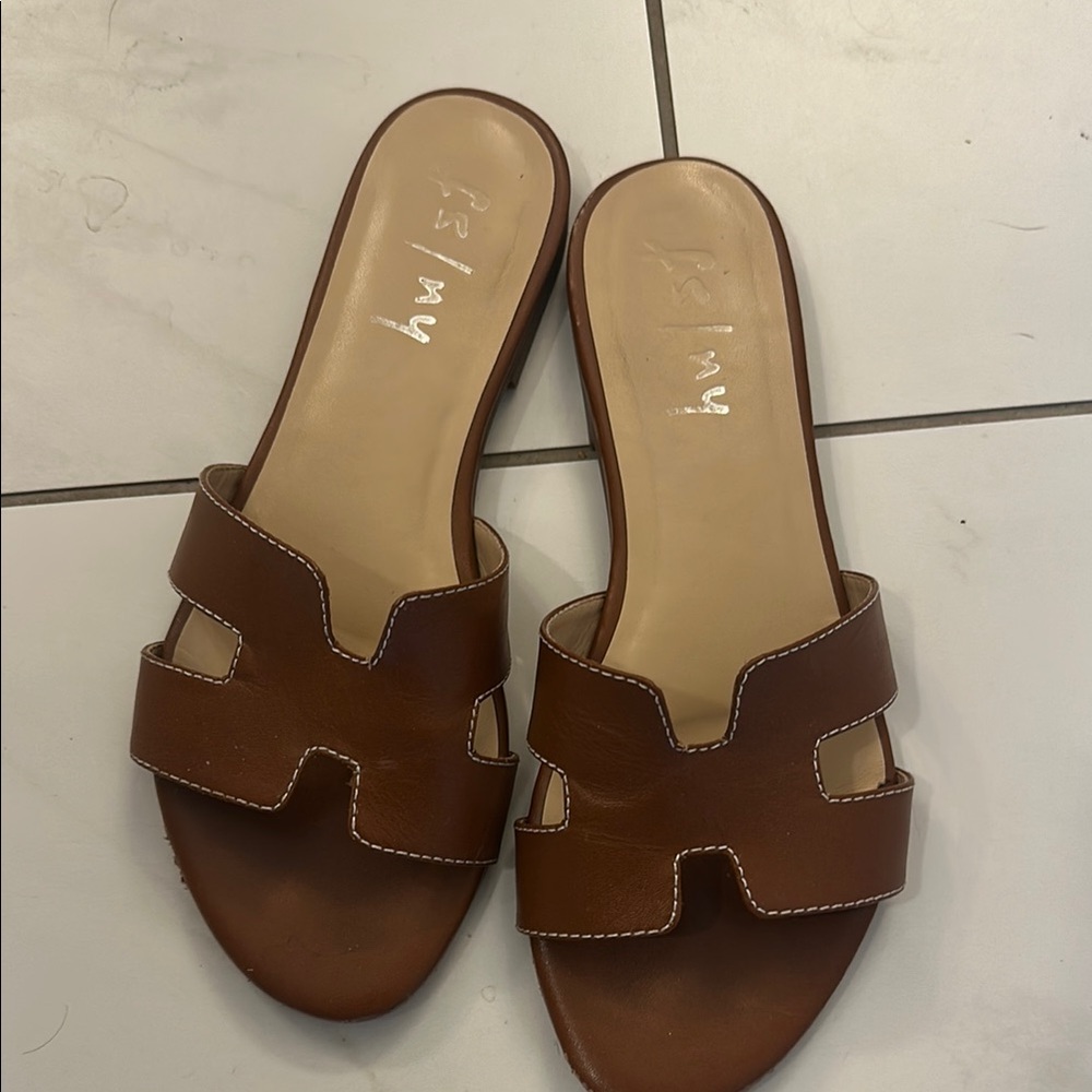 Cognac Leather Sandals with H Cut-Out Design
